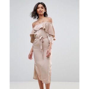 Neon Rose Off Shoulder Nude Dress